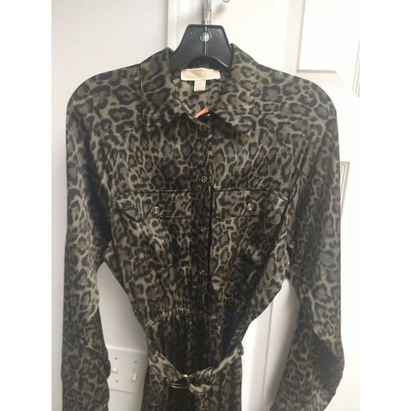 Michael Kors Leopard Button-down Collared dress green medium business Classic - Picture 4 of 11
